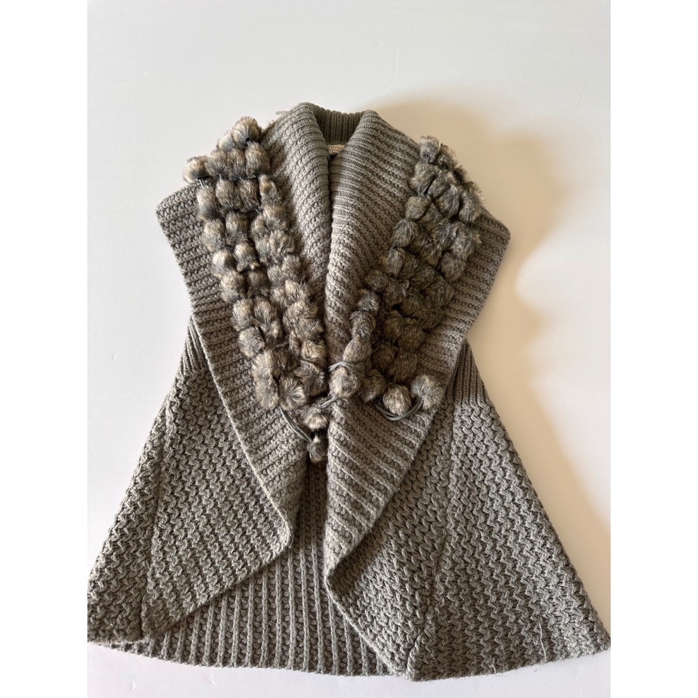 Intrigue Gray Knit Wrap with Faux Fur Pom Pom Detail Shawl Scarf